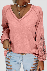 Solid Lace Split Joint V Neck T-Shirts Ins Street